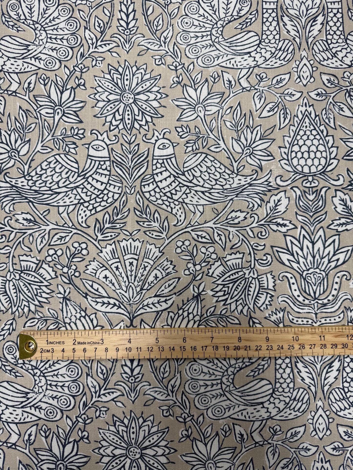 Sigrid Blue Floral Bird Print Fabric- Designer Bedroom Drapery