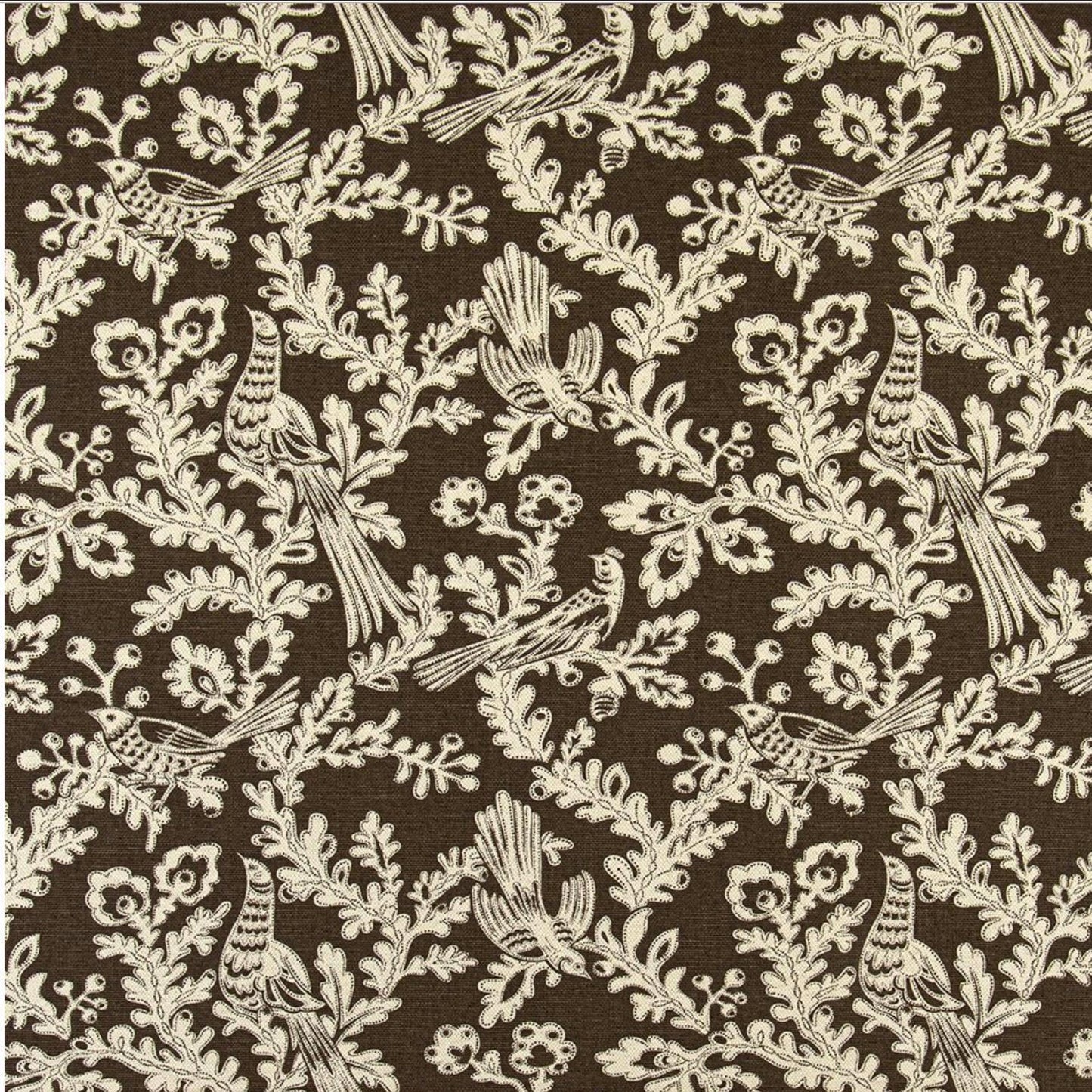 Brown bird and floral cotton fabric by the yard with whimsical traditional nature print, perfect for English Country and Cottagecore upholstery.