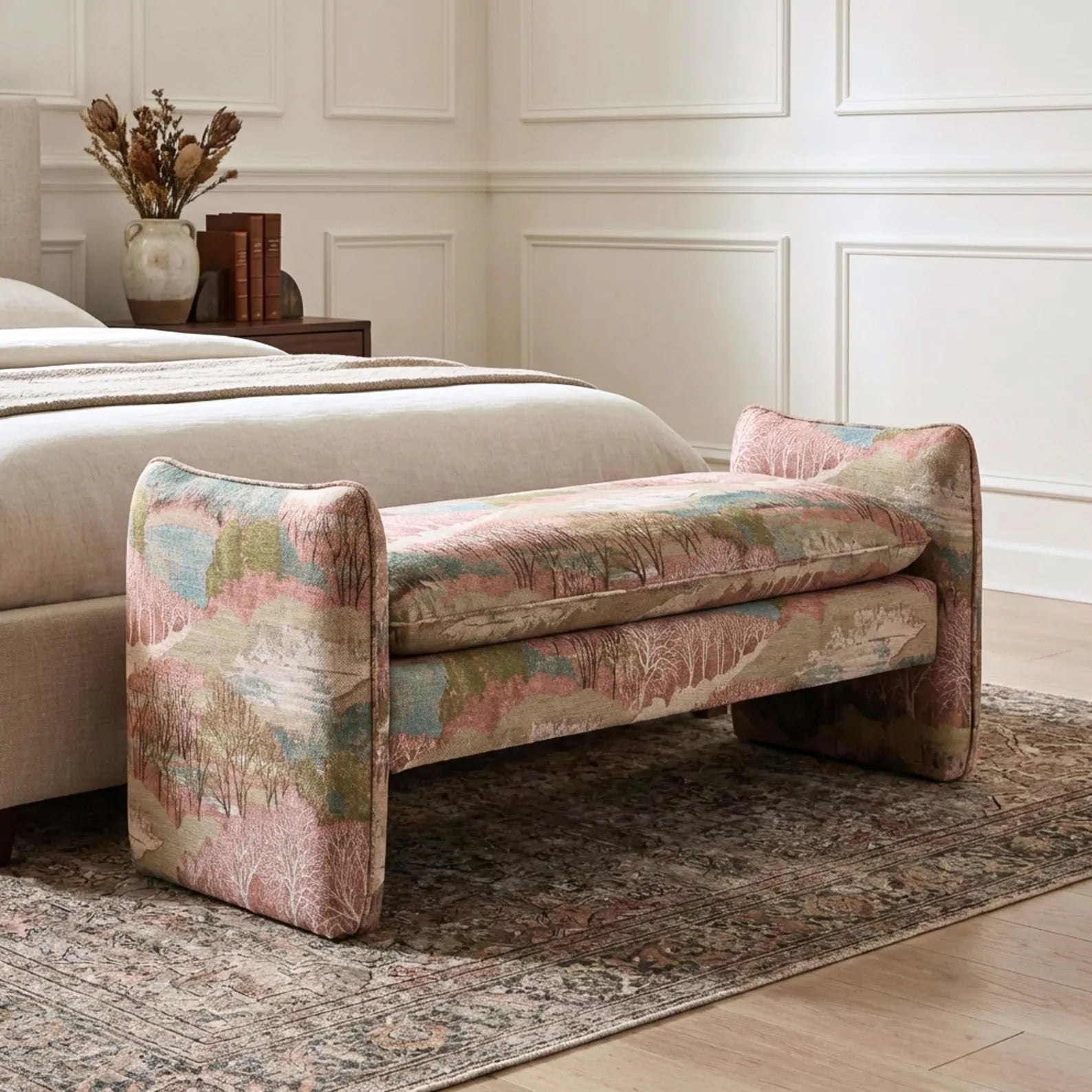 Modern upholstered entryway bench covered in Pink Scenic Forest Landscape Fabric showing the pattern scale on furniture.
