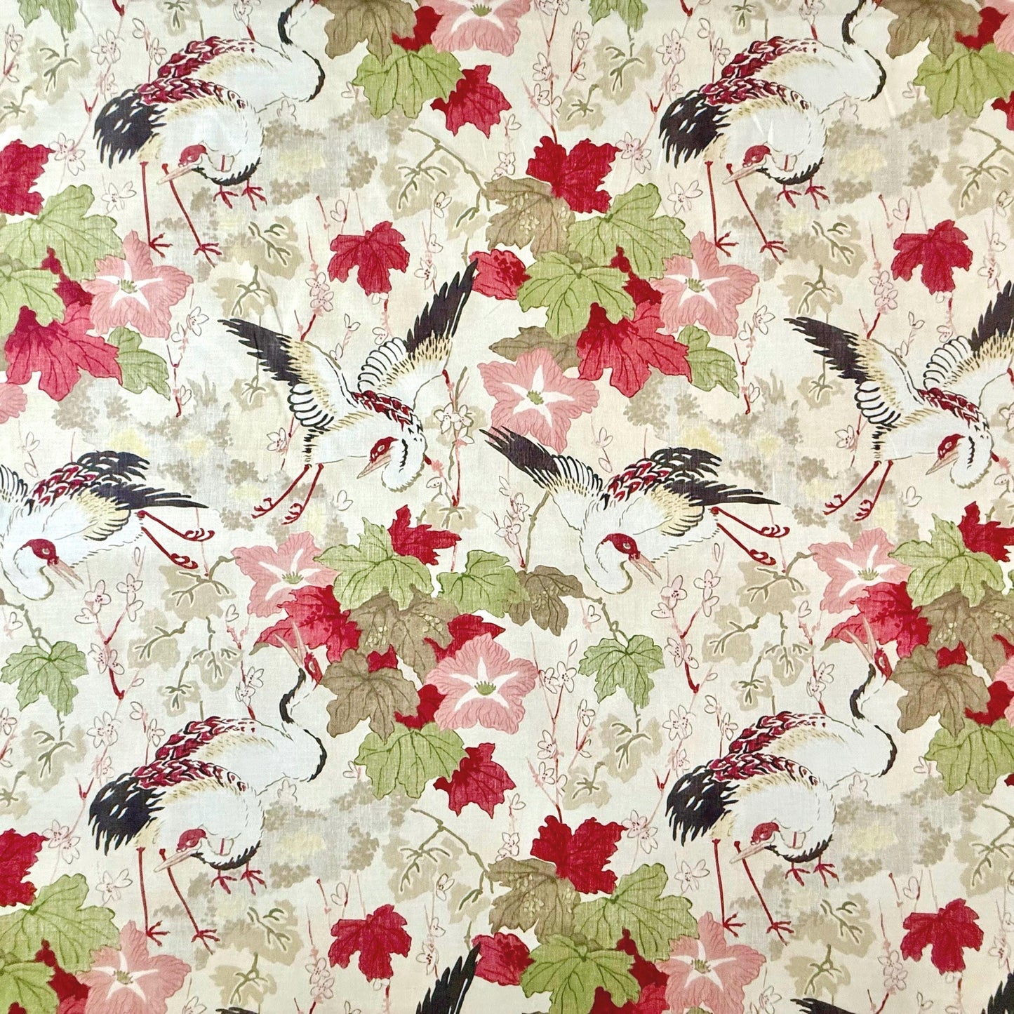 Ivory Crane Bird Print Cotton Fabric - Japanese-Inspired Textile for Home Decor