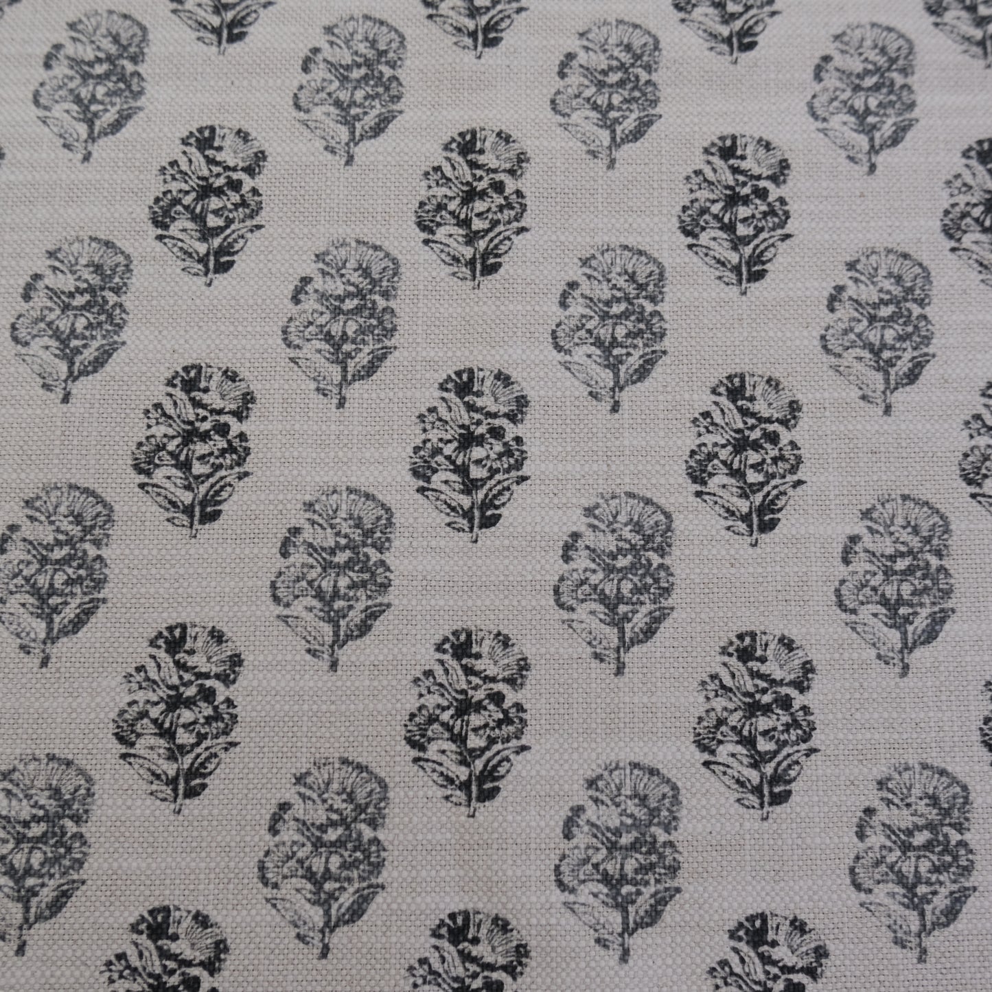 Charlotte Charcoal Block Print Floral Fabric- Cotton Linen Drapery Textile