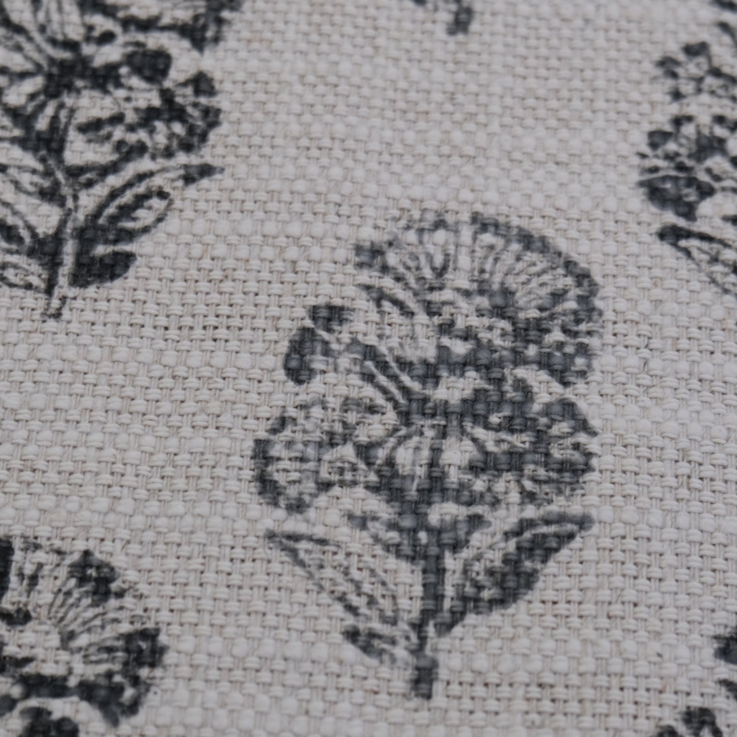 Charlotte Charcoal Block Print Floral Fabric- Cotton Linen Drapery Textile