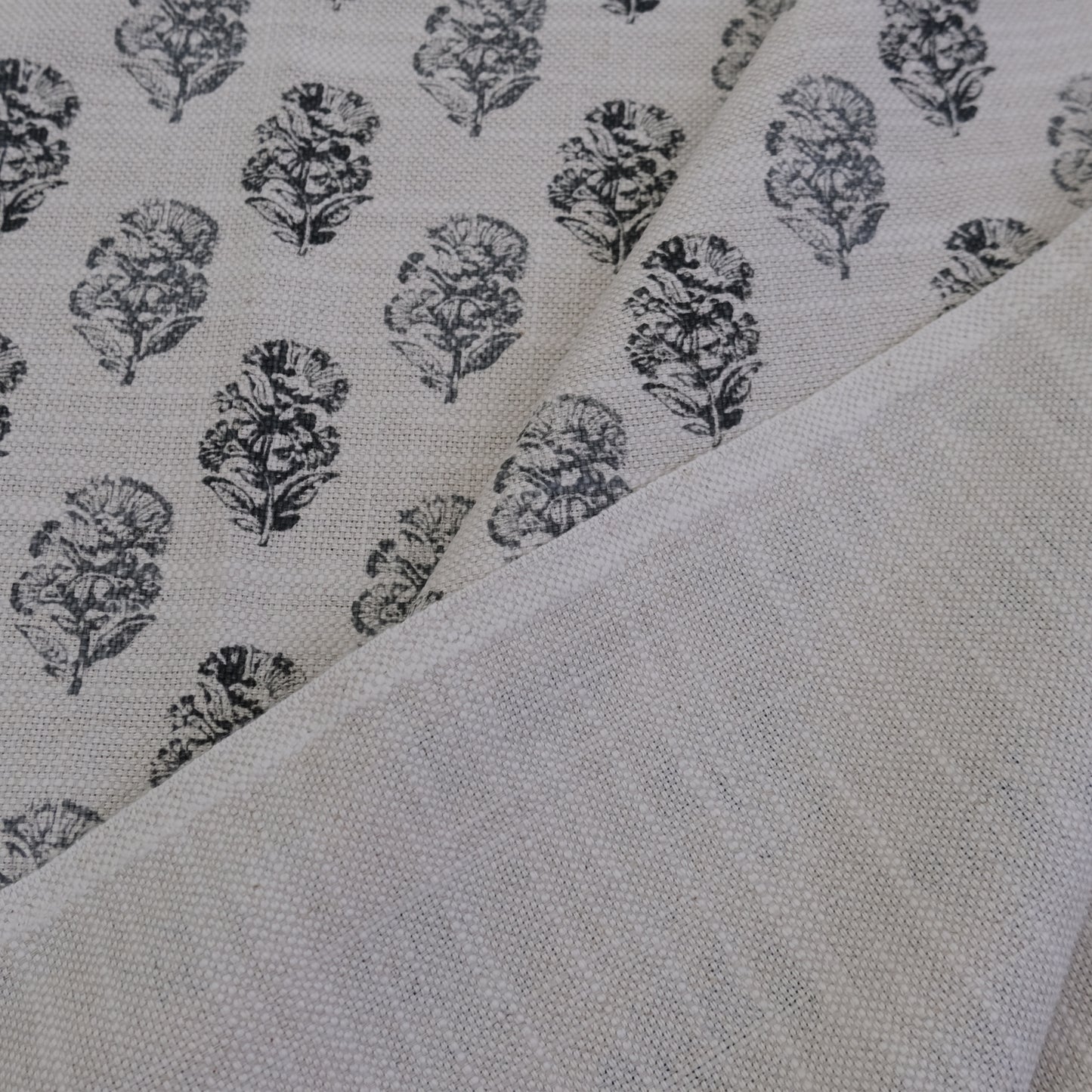 Charlotte Charcoal Block Print Floral Fabric- Cotton Linen Drapery Textile