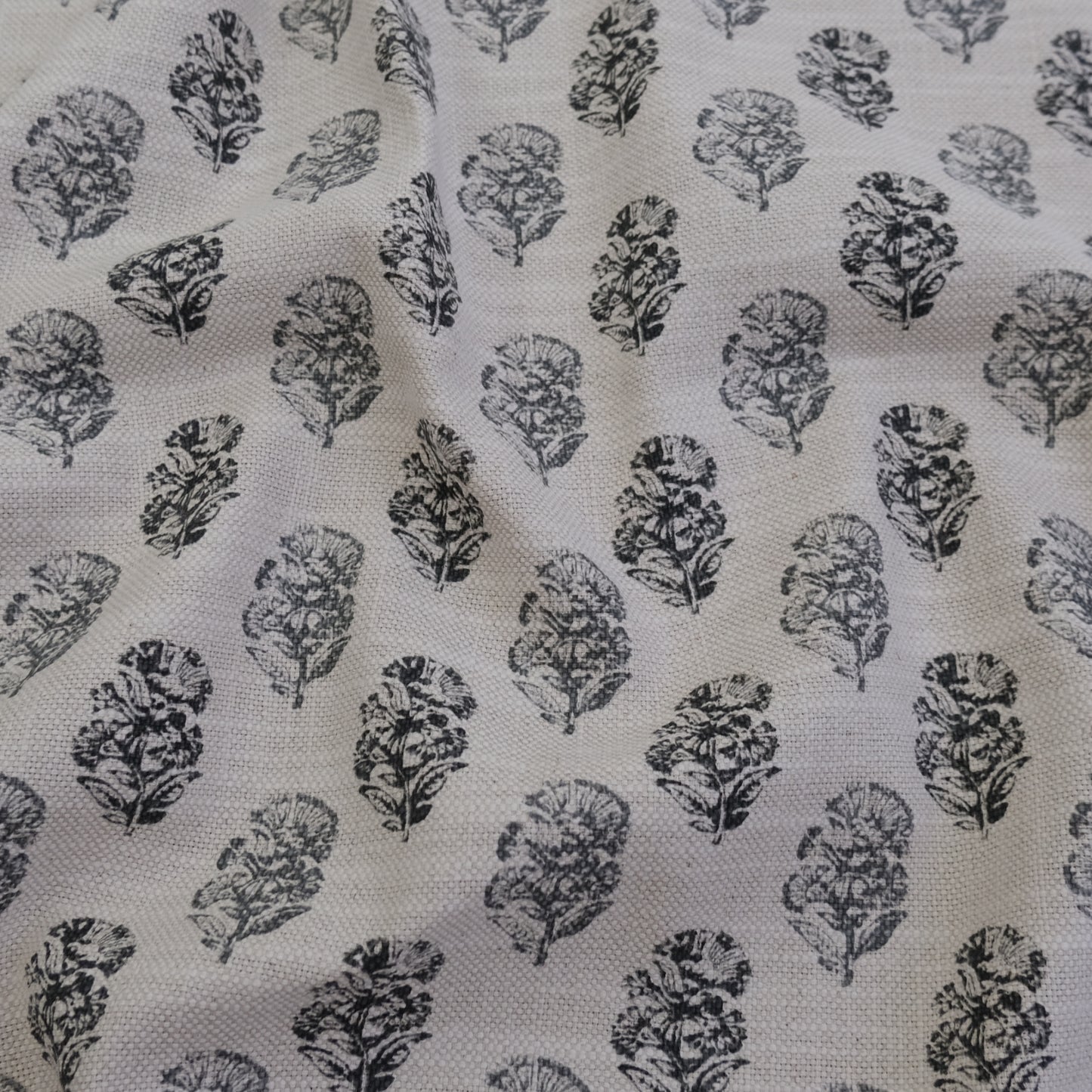Charlotte Charcoal Block Print Floral Fabric- Cotton Linen Drapery Textile