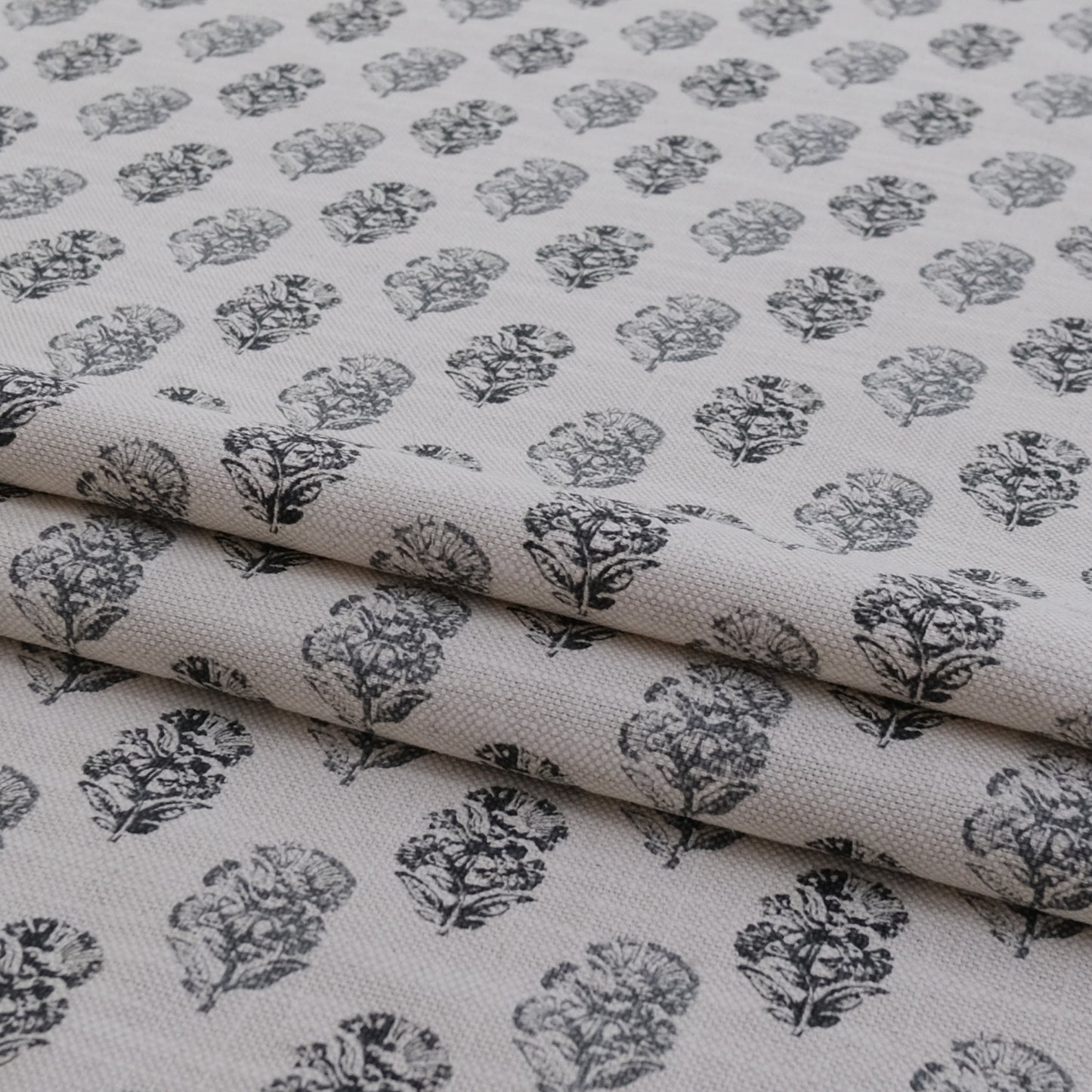 Charlotte Charcoal Block Print Floral Fabric- Cotton Linen Drapery Textile