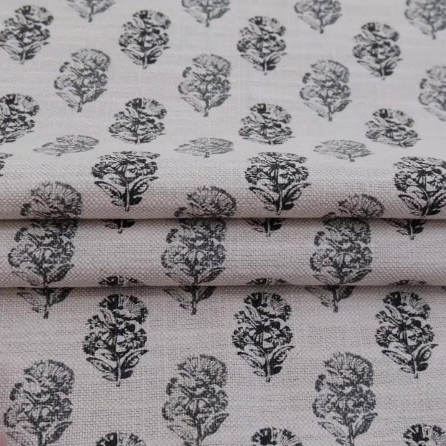 Charlotte Charcoal Block Print Floral Fabric- Cotton Linen Drapery Textile
