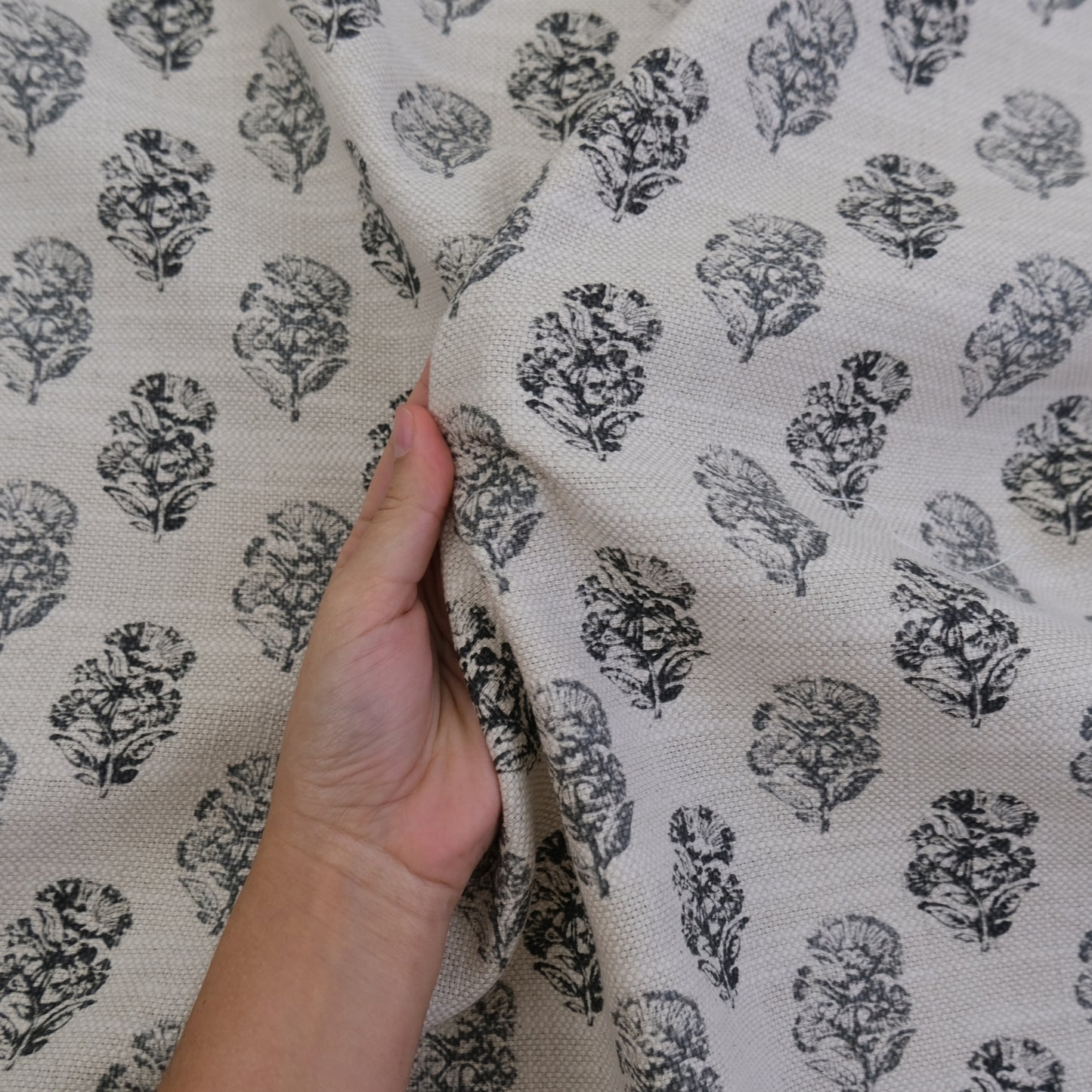 Charlotte Charcoal Block Print Floral Fabric- Cotton Linen Drapery Textile