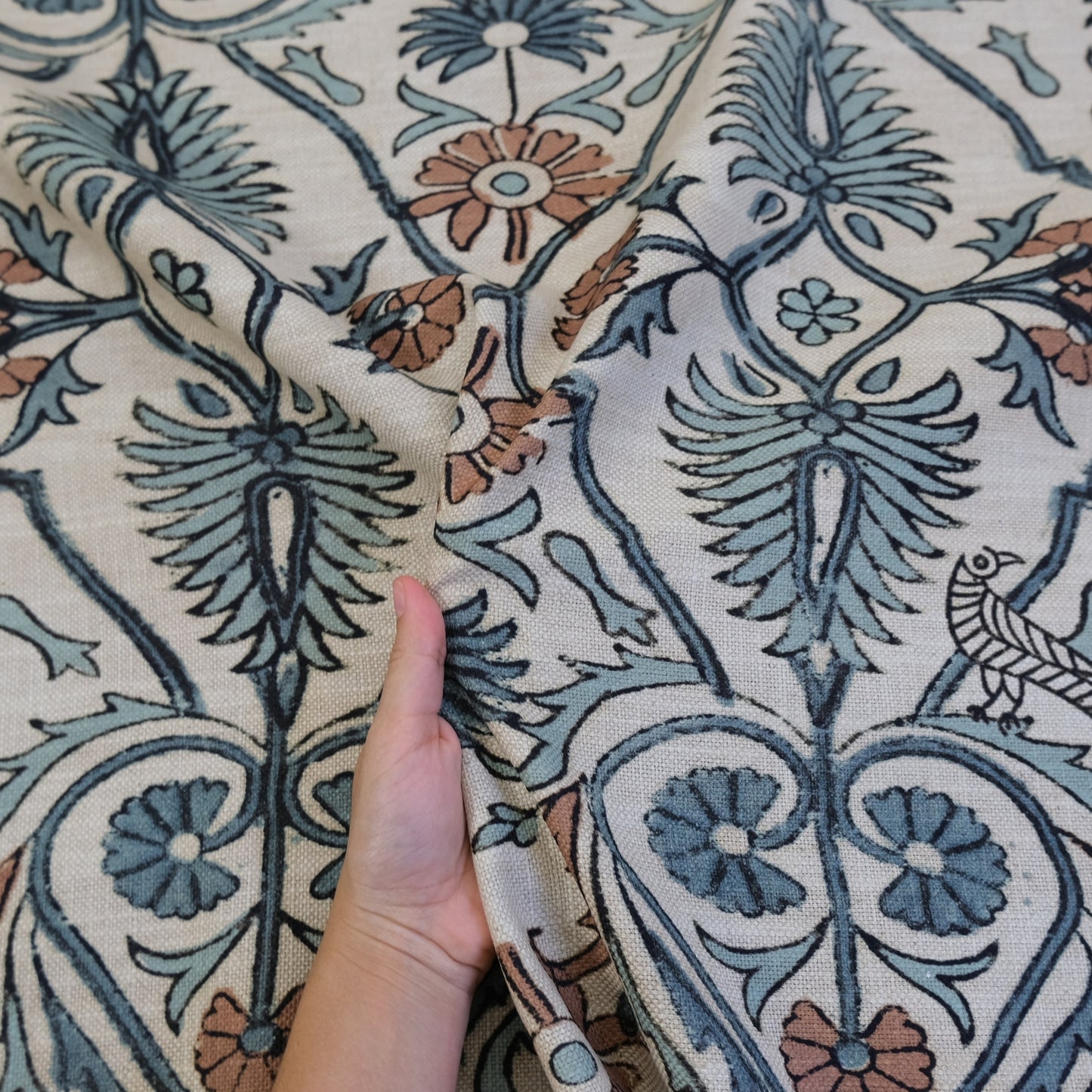 Whimsical Floral Vine and Bird Fabric- Romantic Cotton Textile by the Yard