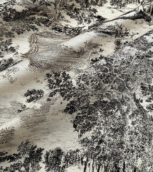 The image is a close-up of a fabric with a black and white pattern, featuring a variety of trees and foliage.
