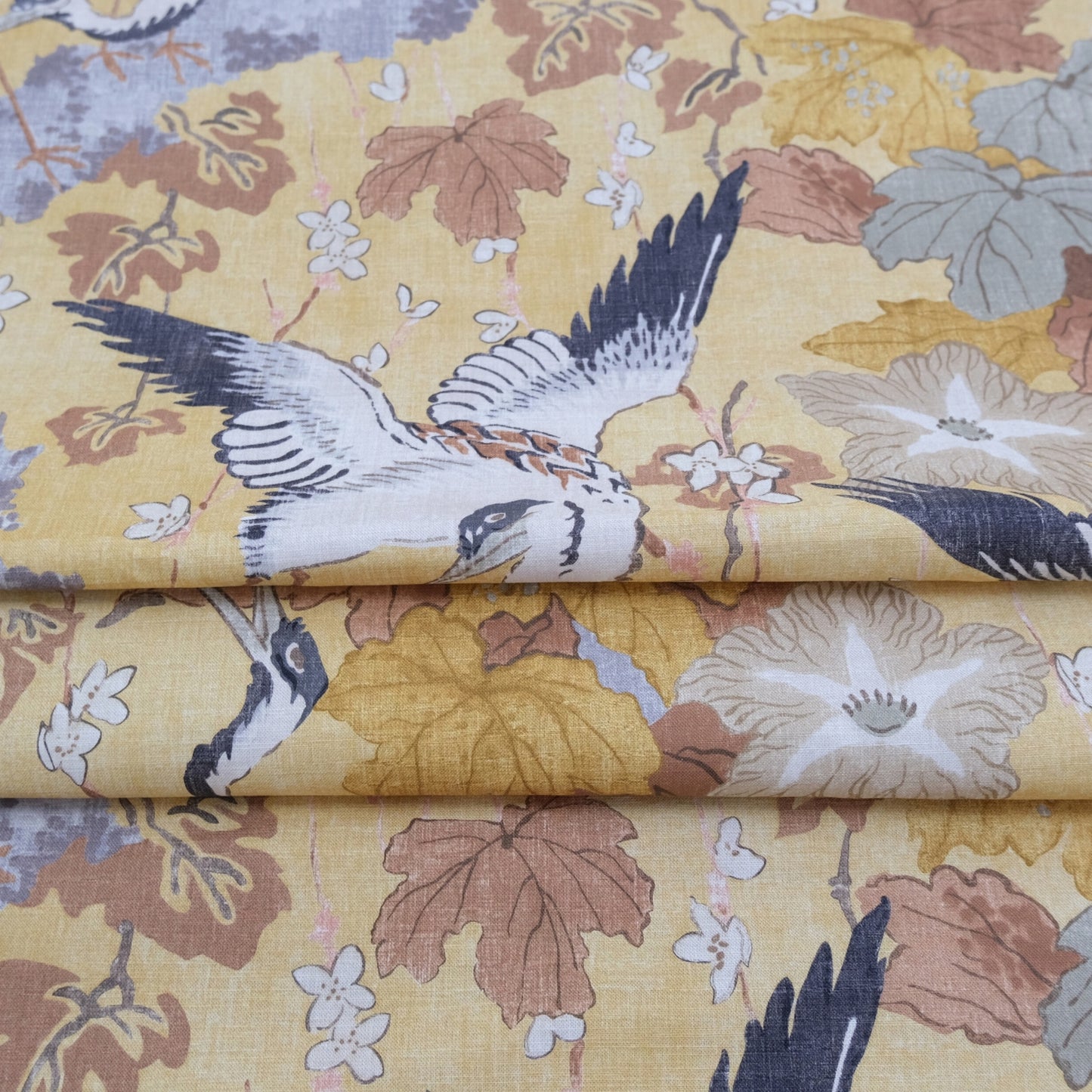 Plume Goldenrod Asian-Inspired Cotton Fabric Birds & Blossoms Design