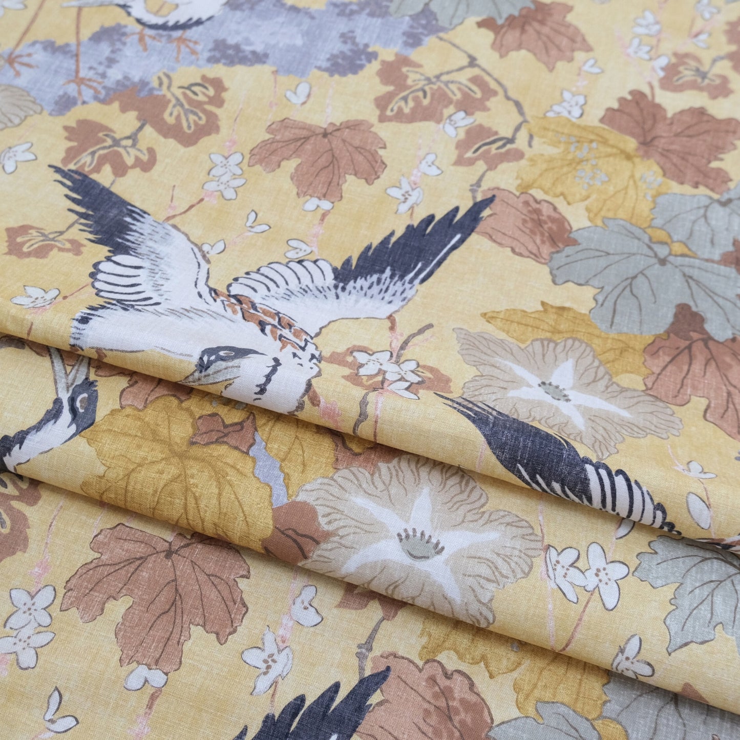 Plume Goldenrod Asian-Inspired Cotton Fabric Birds & Blossoms Design