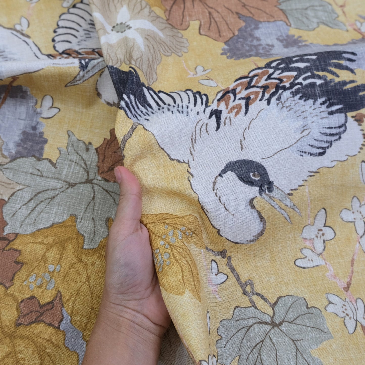 Plume Goldenrod Asian-Inspired Cotton Fabric Birds & Blossoms Design