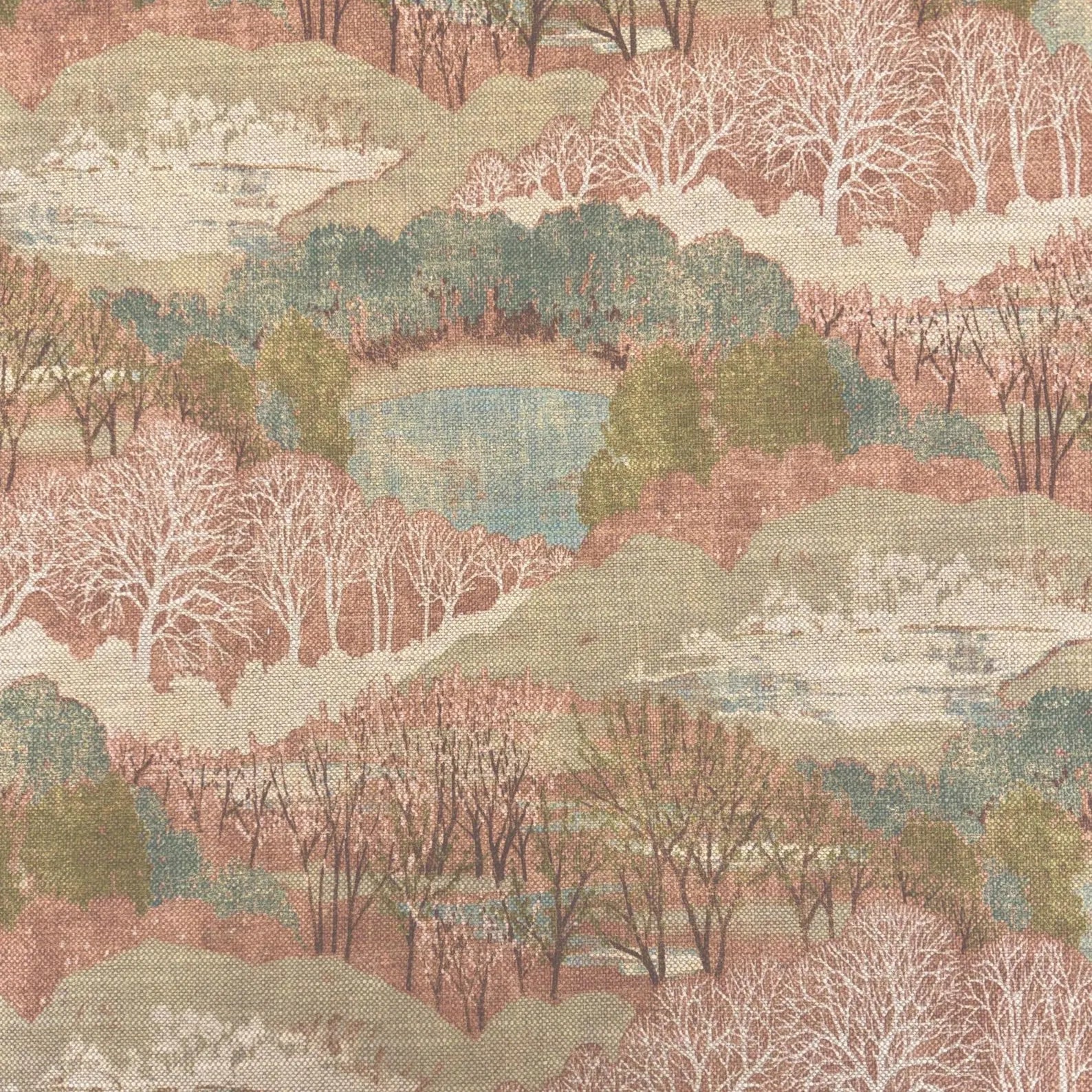 Clear close-up view of the repeatable landscape pattern on the Pink Scenic Forest Landscape Fabric, showing the full array of scenic trees and the central lake feature.