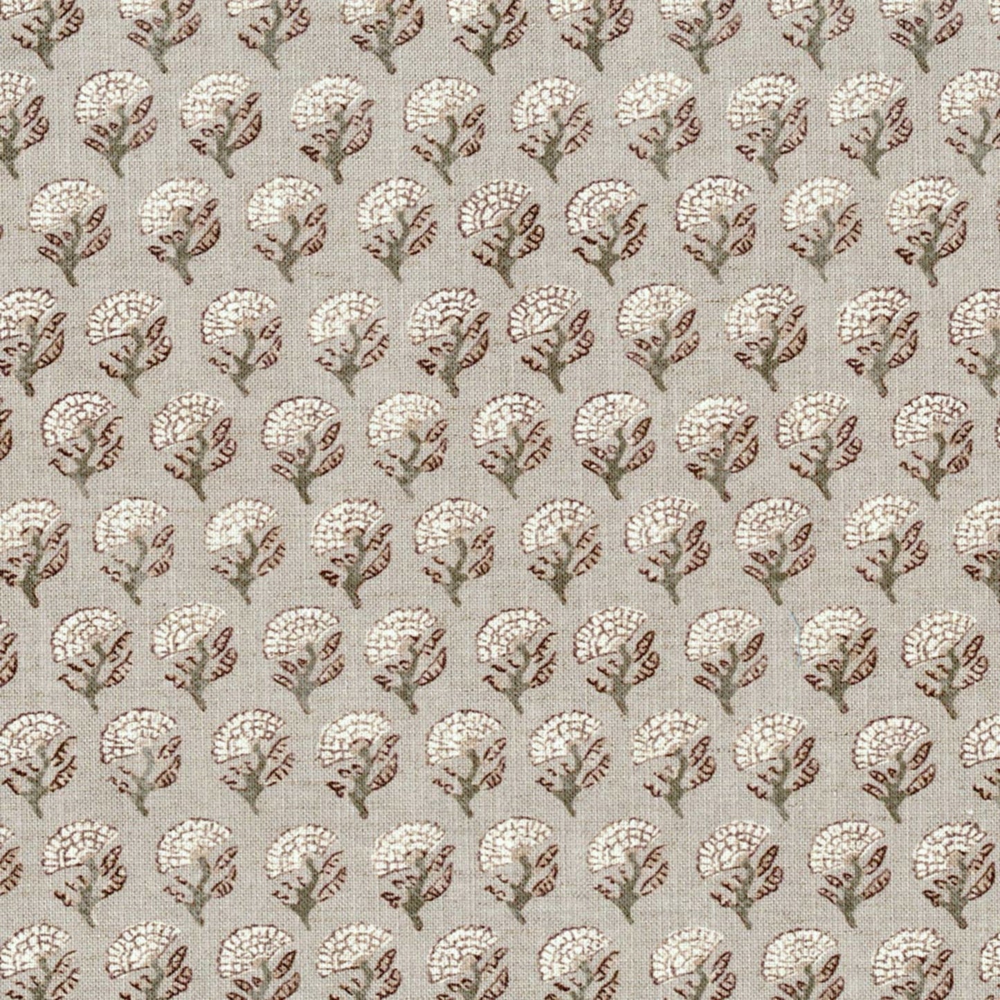 a repeating pattern of white flowers on a beige background.