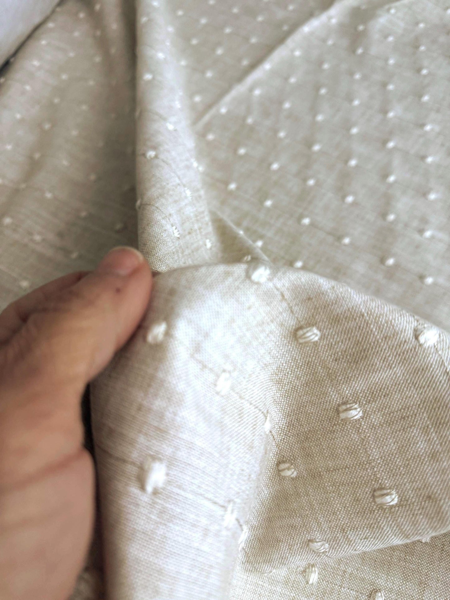 Pique Linen Cream Fabric with Vertical Dot Embroidery- Neutral Home Decor