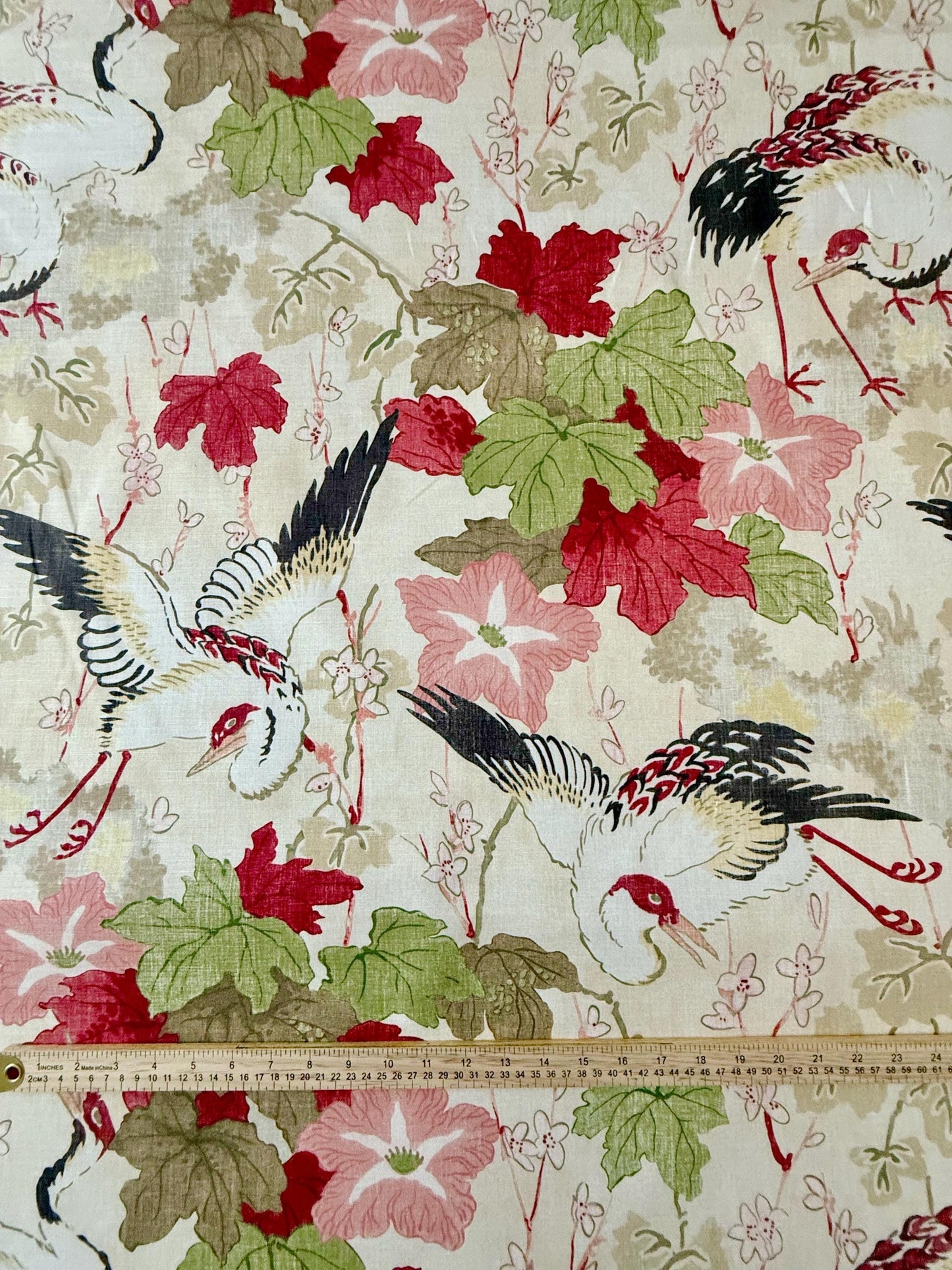 Ivory Crane Bird Print Cotton Fabric - Japanese-Inspired Textile for Home Decor
