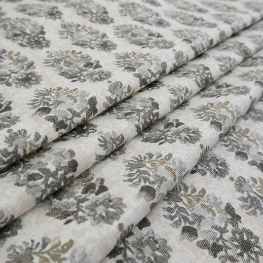 Stone Neutral Block Print Cotton Fabric- Gray Floral Canvas by the Yard for Upholstery & Decor