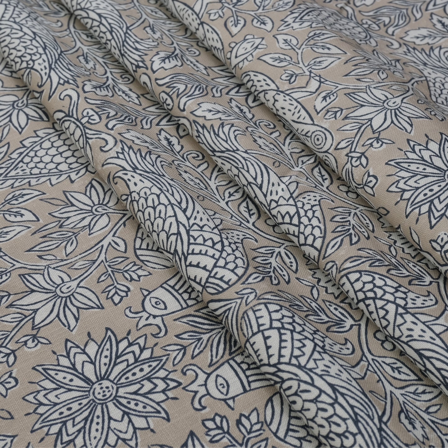 Sigrid Blue Floral Bird Print Fabric- Designer Bedroom Drapery