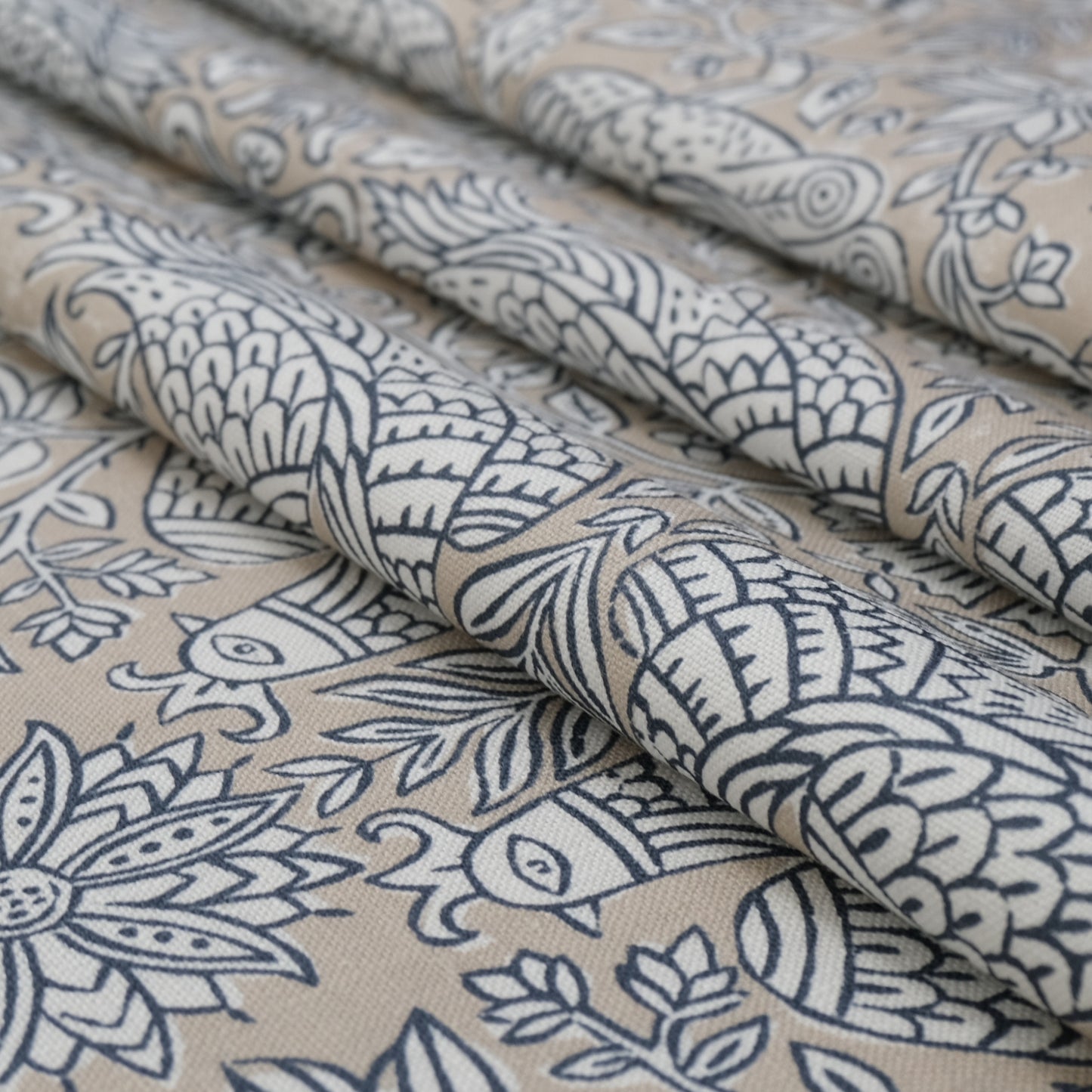 Sigrid Blue Floral Bird Print Fabric- Designer Bedroom Drapery