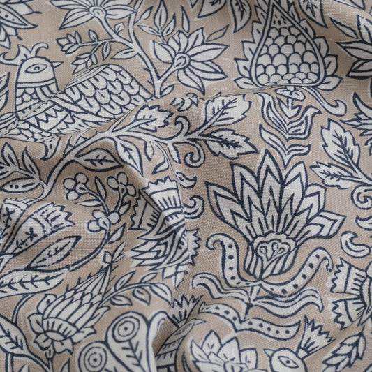 Sigrid Blue Floral Bird Print Fabric- Designer Bedroom Drapery