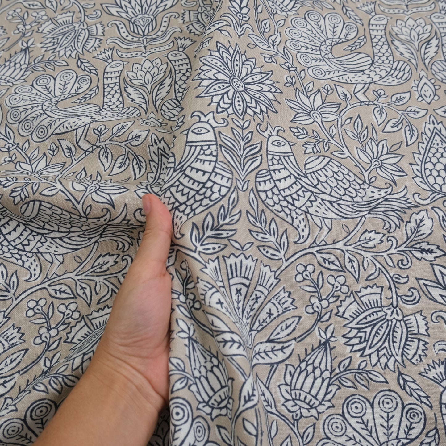 Sigrid Blue Floral Bird Print Fabric- Designer Bedroom Drapery