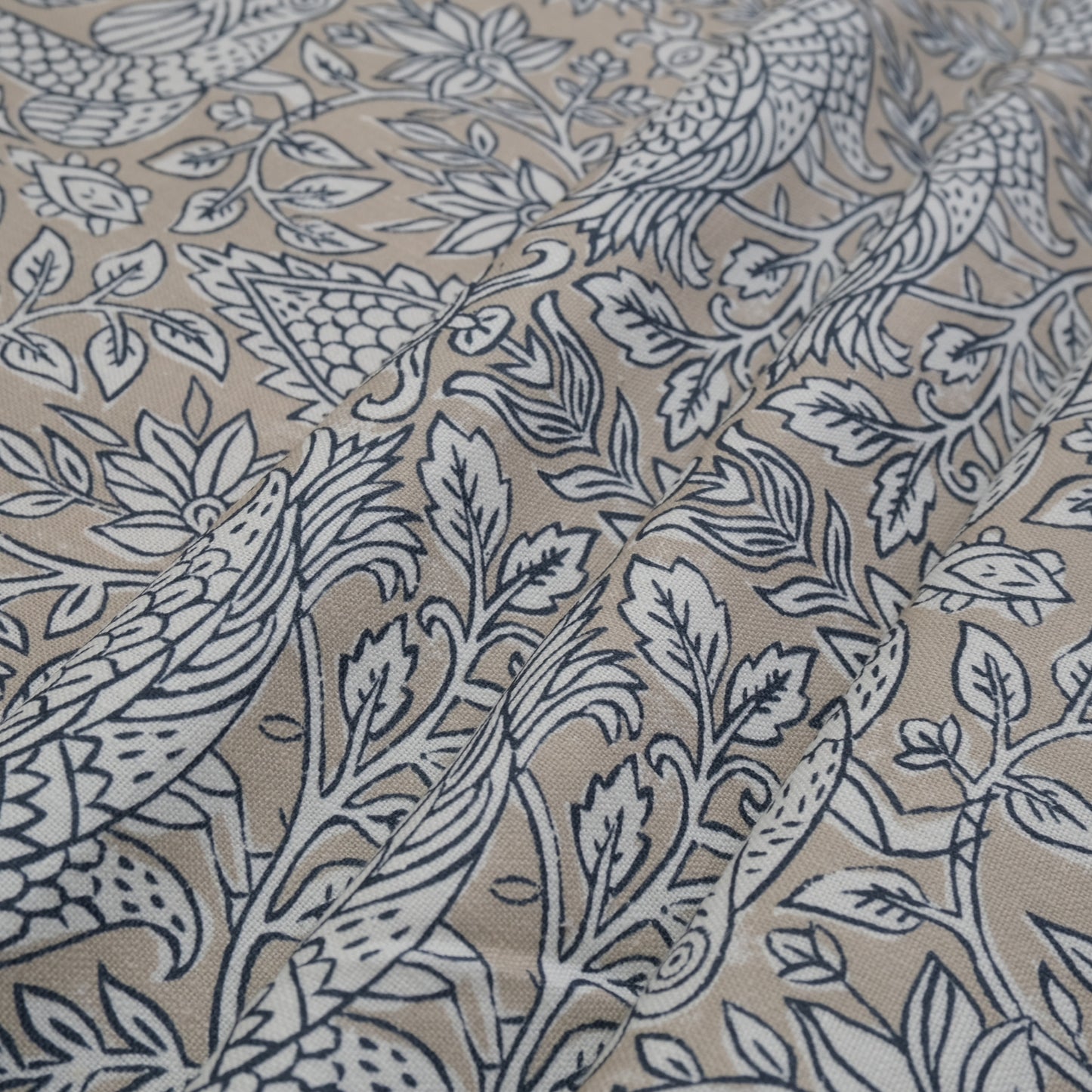Sigrid Blue Floral Bird Print Fabric- Designer Bedroom Drapery