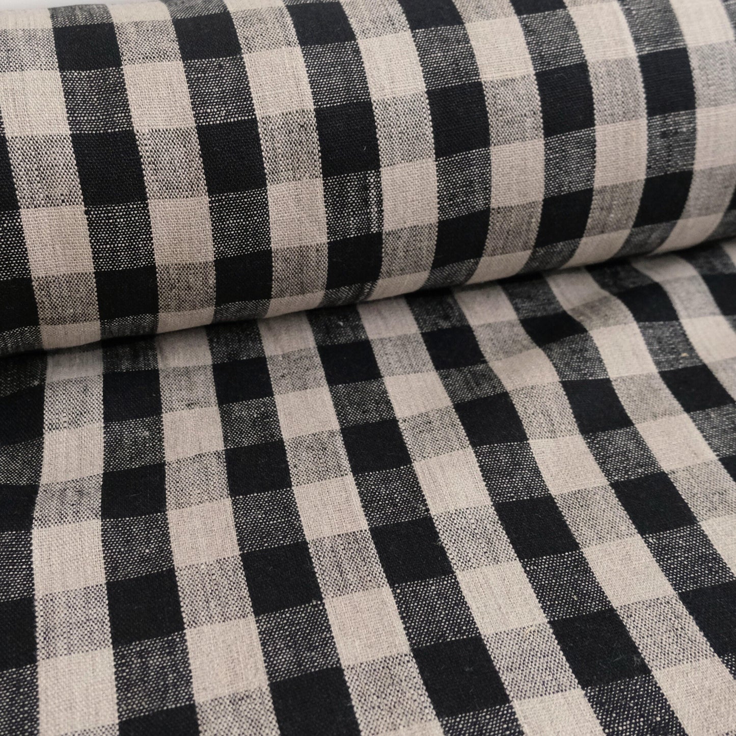 Close up of Onyx Linen Cloth Dark Plaid Table Cover Large Scale Gingham Pattern Decor Textile Dark Moody Style Black Check Fabric Tablecloth Checkered