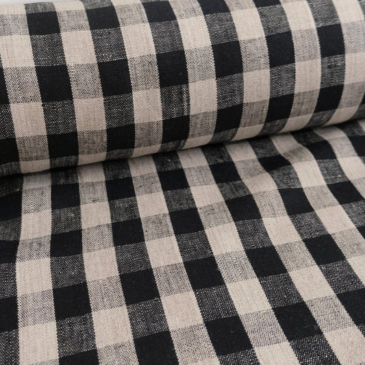 Close up of Onyx Linen Cloth Dark Plaid Table Cover Large Scale Gingham Pattern Decor Textile Dark Moody Style Black Check Fabric Tablecloth Checkered