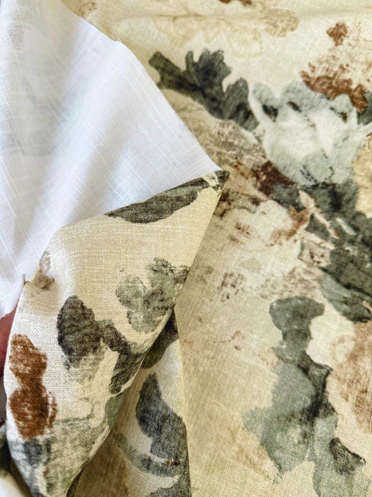 Earthy Green Brown Floral Fabric Large-Scale Botanical Cotton for Upholstery & Home Decor