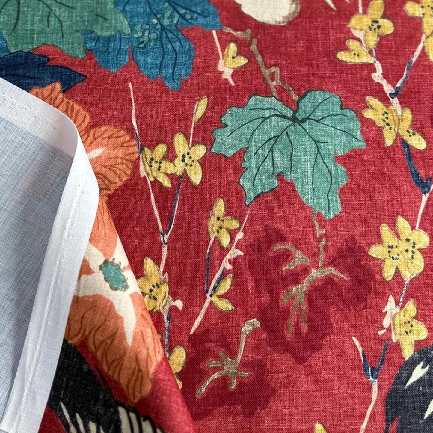 Plume Crimson Red Crane Patterned Fabric- Bird & Leaf Print for Home Decor