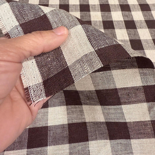 Tess Brown Check Linen Fabric- Rustic Tablecloth & Seasonal Decor