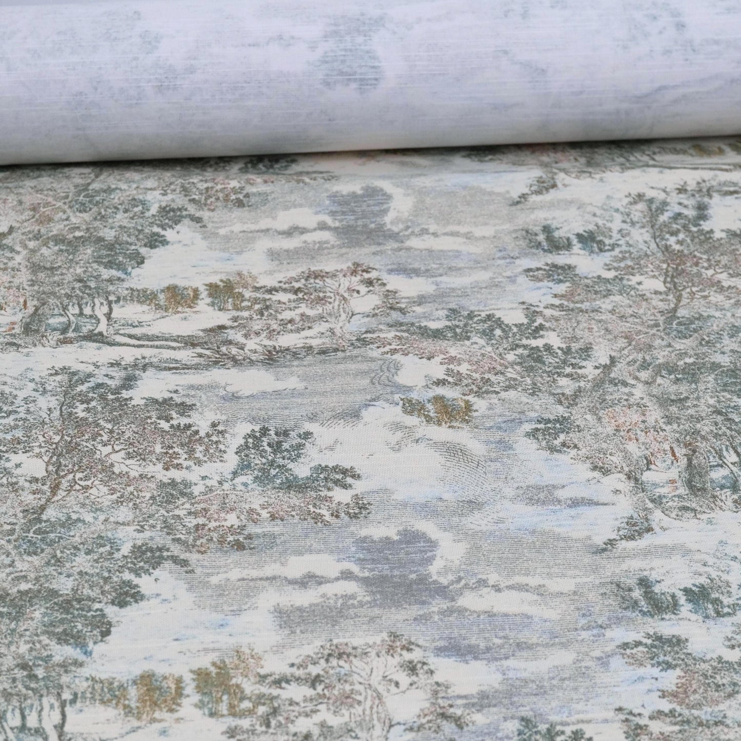 French Toile Fabric Scenic Landscape Print Duck Egg Blue