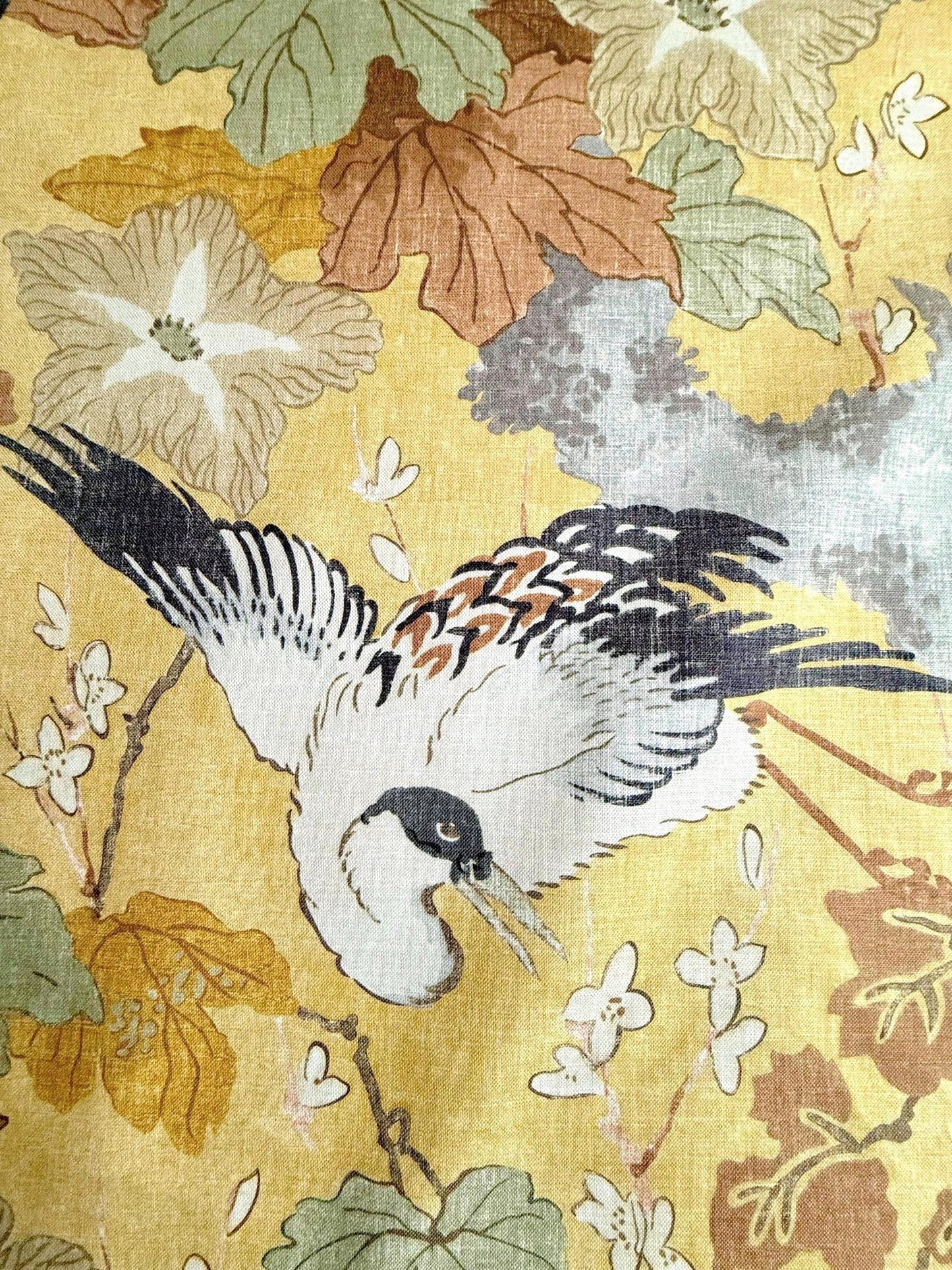 Plume Goldenrod Asian-Inspired Cotton Fabric Birds & Blossoms Design