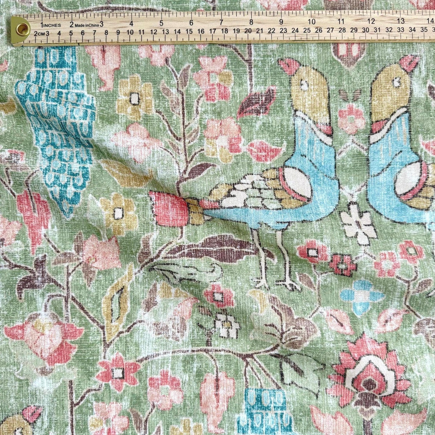 Elysian Pistachio Green Bird Pattern Cotton Fabric- Floral Home Decor
