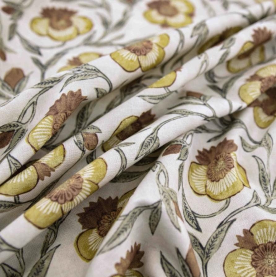Aveline Turmeric Rust Yellow Floral Print Fabric- Designer Window Drapery & Upholstery