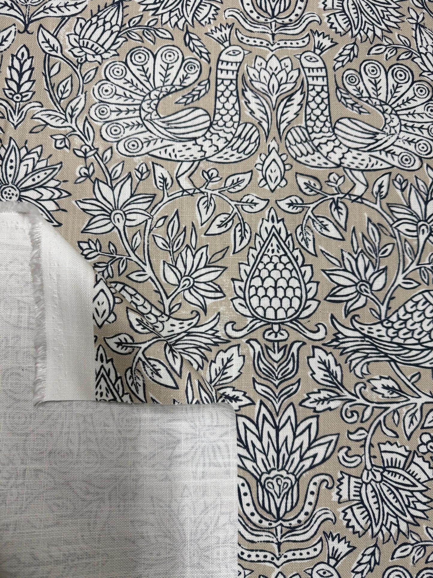 Sigrid Blue Floral Bird Print Fabric- Designer Bedroom Drapery
