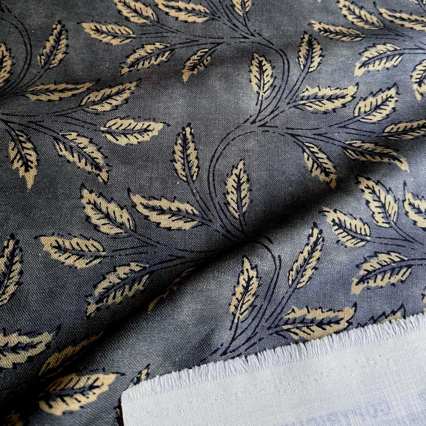 Neutral Foliage Print Designer Drapery Yardage Botanical Pattern Home Decor Linen Dark Charcoal Organic Modern Fabric