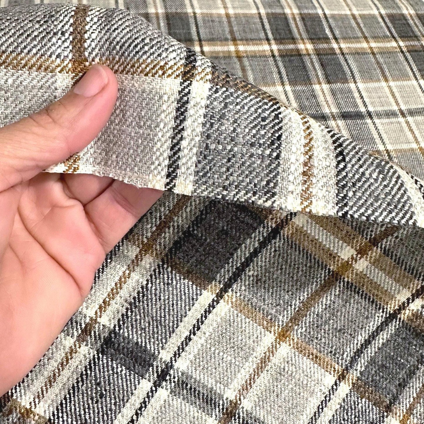 Archie Charcoal & Gold Tartan Plaid Fabric – 100% Recycled Polyester by the Yard for Upholstery, Pillows & Farmhouse Decor
