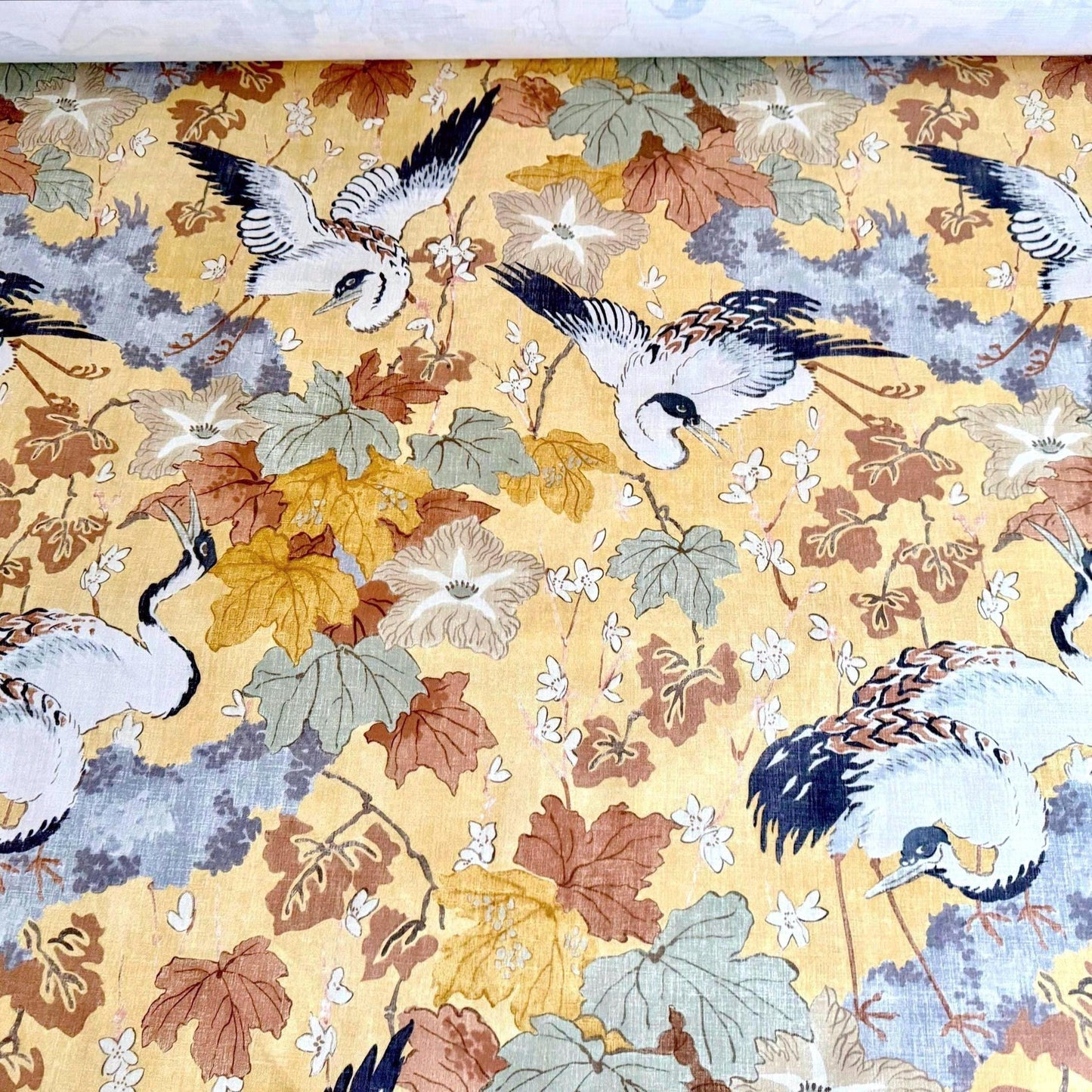Plume Goldenrod Asian-Inspired Cotton Fabric Birds & Blossoms Design