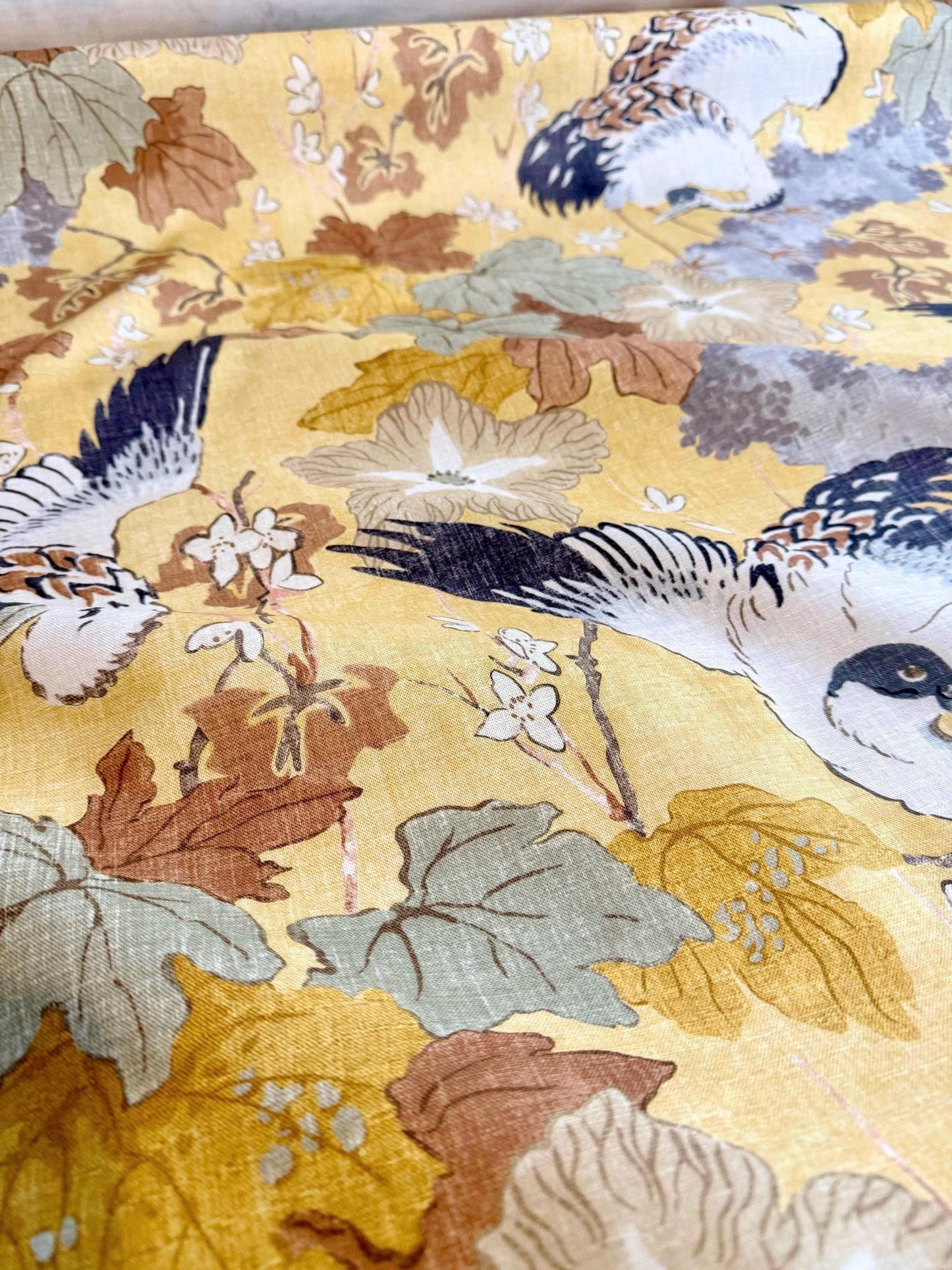 Plume Goldenrod Asian-Inspired Cotton Fabric Birds & Blossoms Design