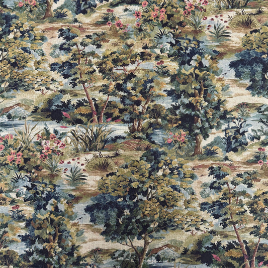 Blue green scenic woodland fabric landscape pattern