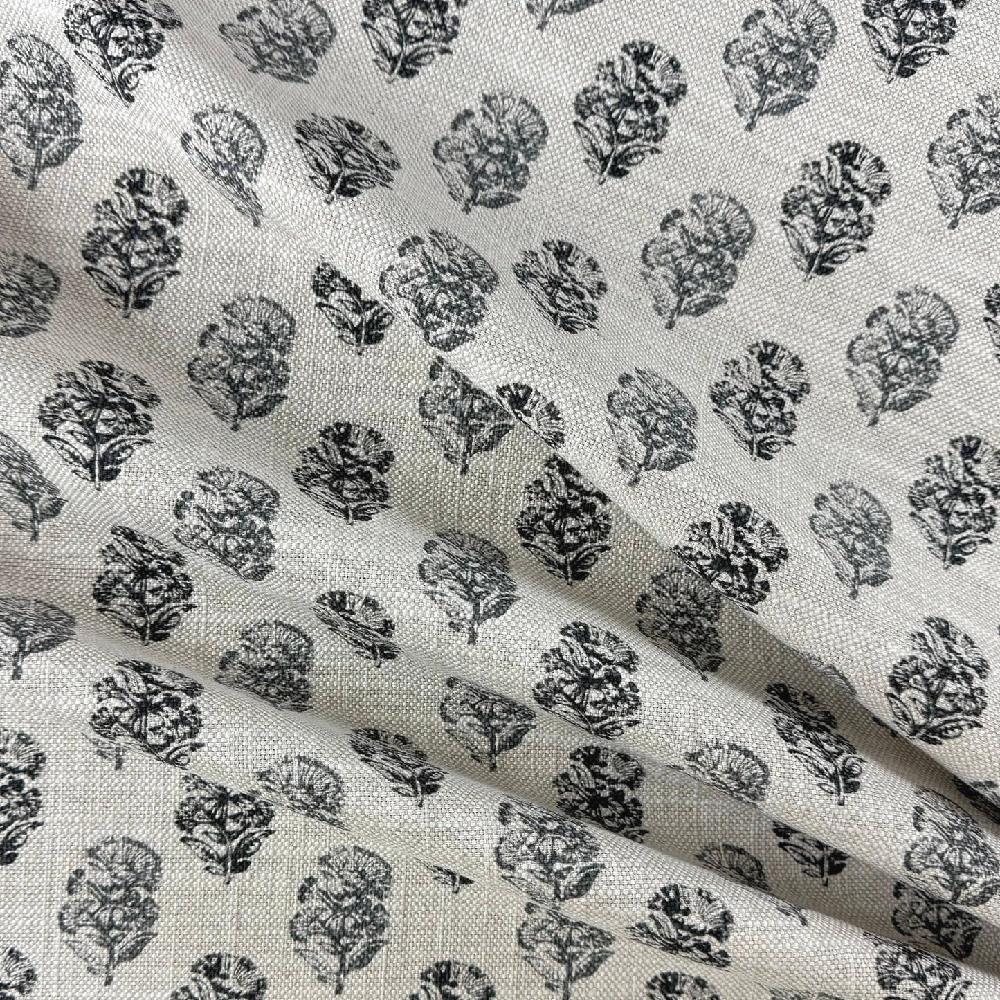 Charcoal Block Print Flower Motif Fabric Black