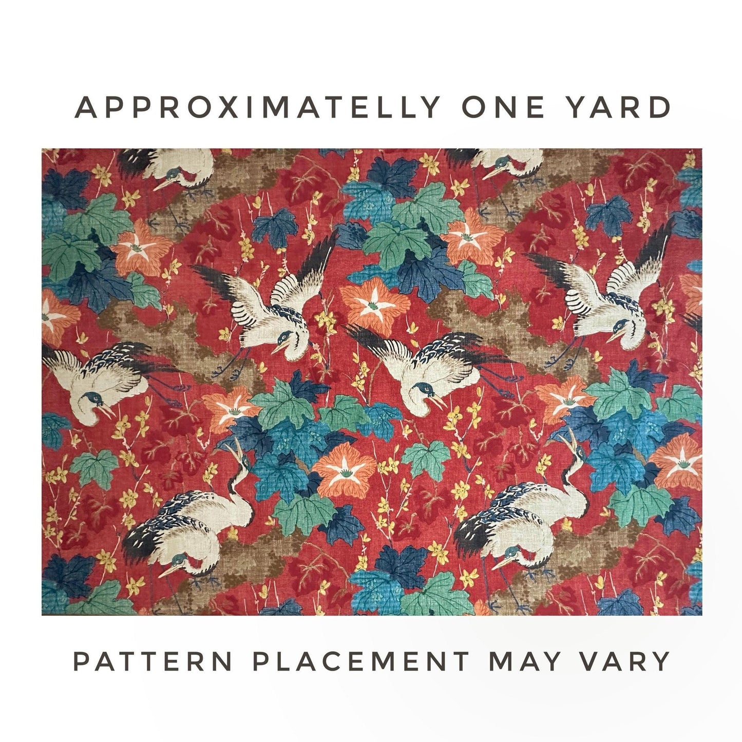Plume Crimson Red Crane Patterned Fabric- Bird & Leaf Print for Home Decor