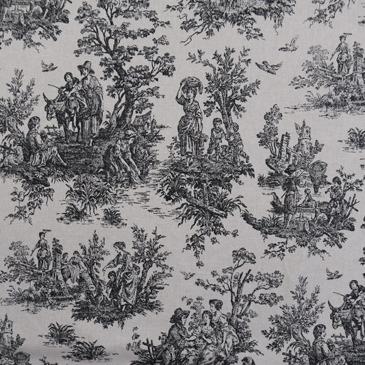 French Country Toile Black Cream Linen Fabric- Scenic Upholstery by the Yard