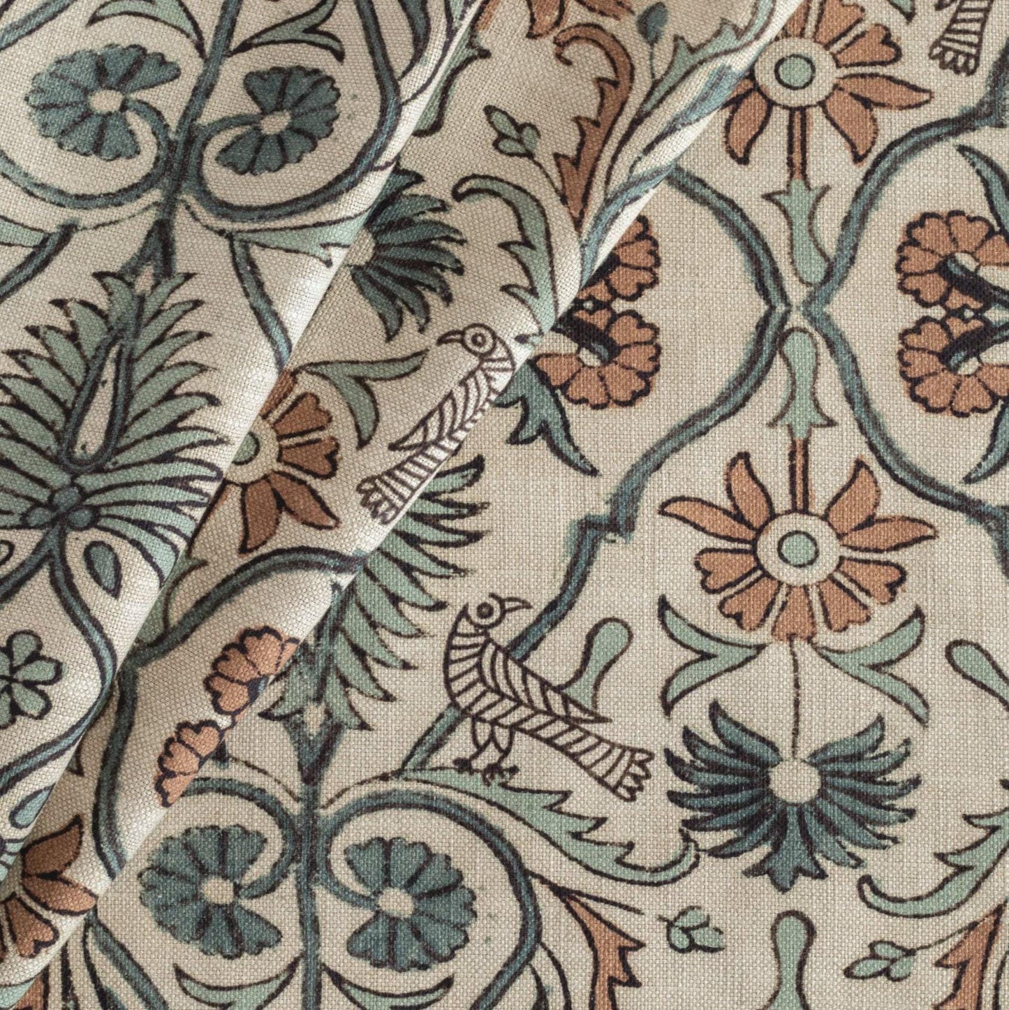 Bird Print Fabric Coral Aquamarine Upholstery Textile