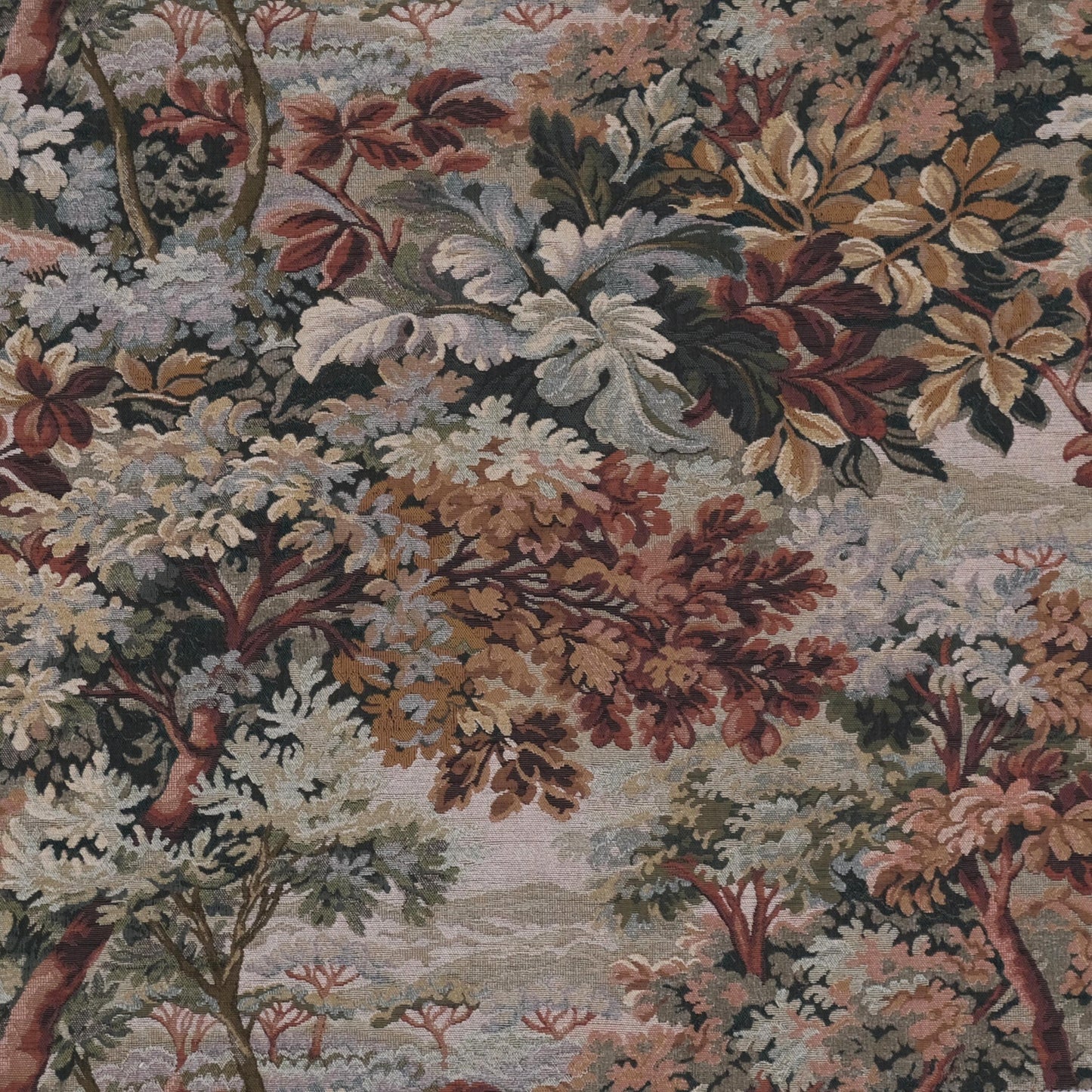 Detailed woven pattern of Woodrose tapestry upholstery fabric showing foliage and scenic verdure motifs, heavyweight jacquard suitable for classic sofa upholstery, armchair restoration, antique furniture, drapery panels, decorative pillows, and heritage style interiors.
