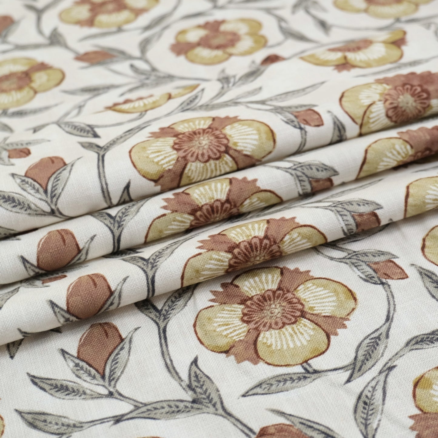 Aveline Turmeric Rust Yellow Floral Print Fabric- Designer Window Drapery & Upholstery