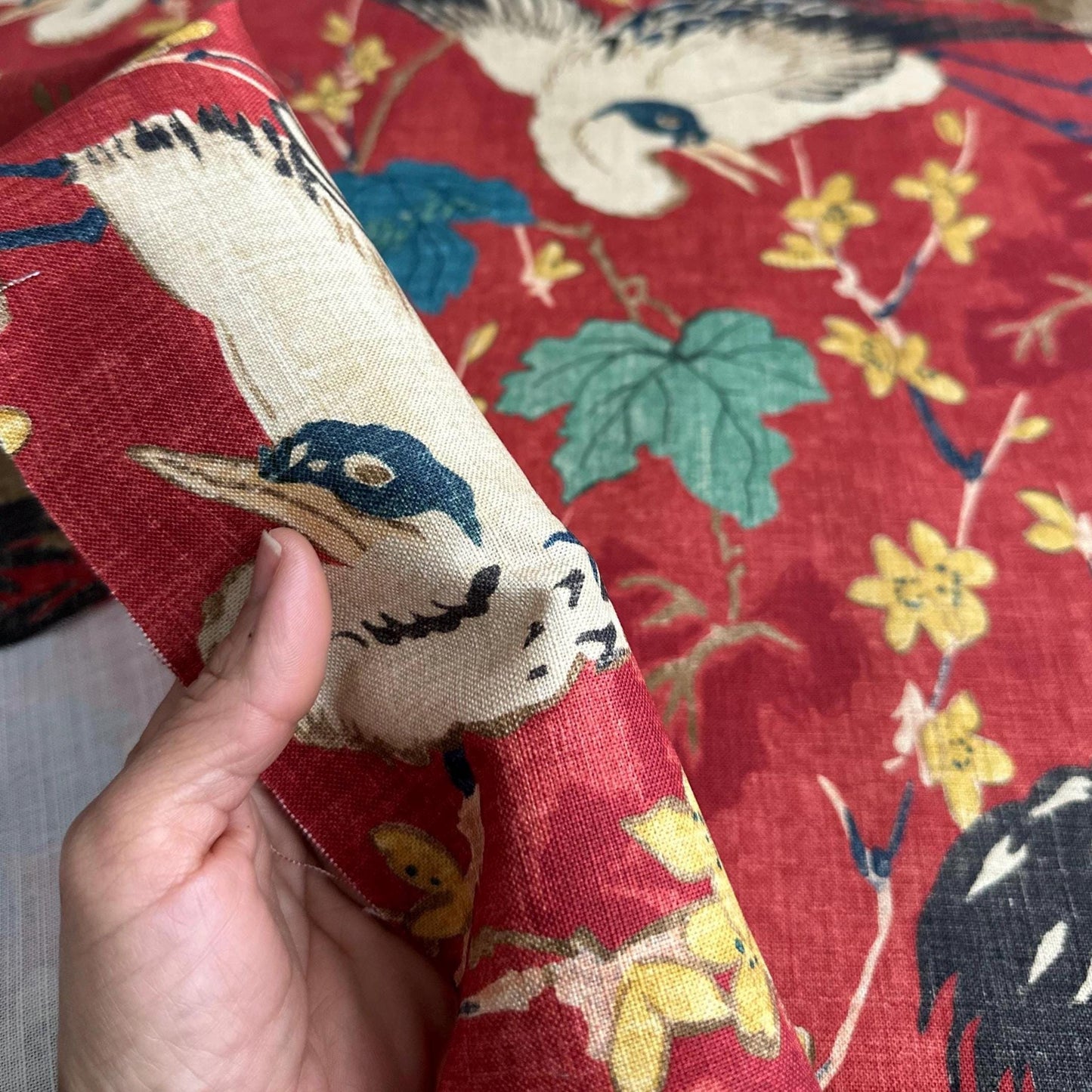 Plume Crimson Red Crane Patterned Fabric- Bird & Leaf Print for Home Decor