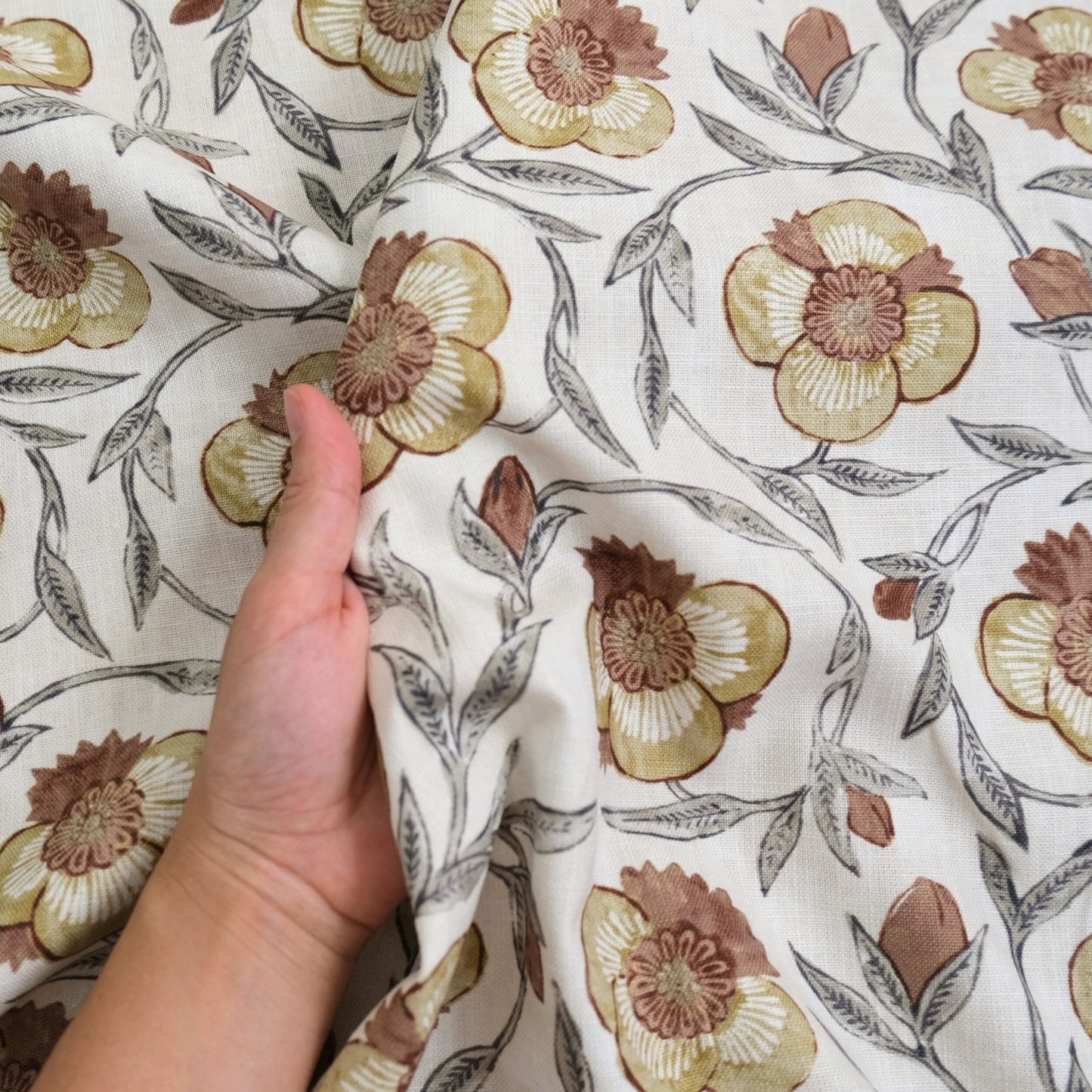 Aveline Turmeric Rust Yellow Floral Print Fabric- Designer Window Drapery & Upholstery