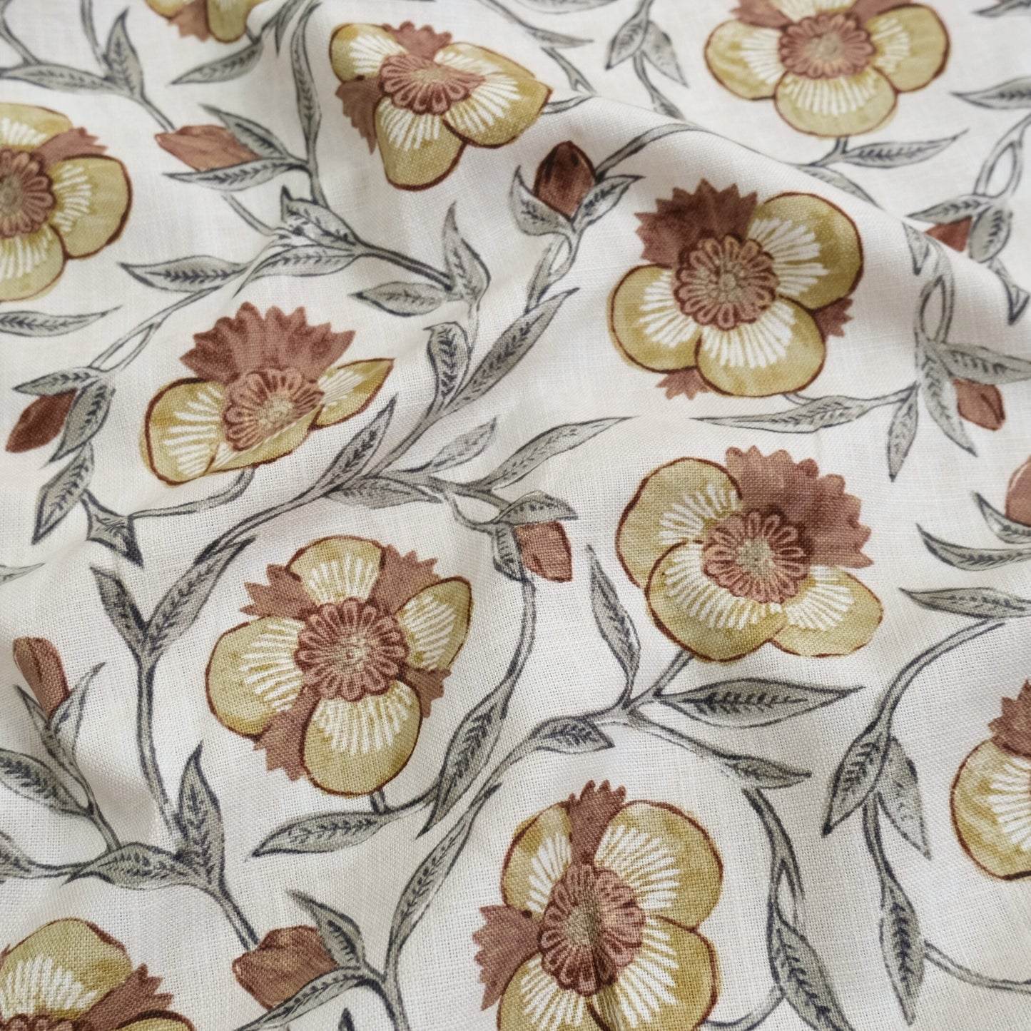 Aveline Turmeric Rust Yellow Floral Print Fabric- Designer Window Drapery & Upholstery